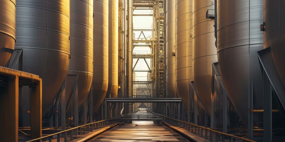 Lagertanks mit Rohrleitungssystem im Industriebereich. Ausrüstung für die Lagerung von Chemikalien, Öl, Gas oder Getreideprodukten im Freien, , vertikales Format